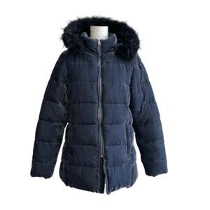 Loft Coat Blue Faux Fur Detachable Hood Crushed Velvet Puffer Quilted Coat Small